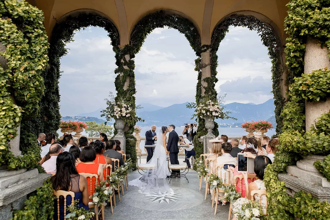 Wedding ceremony setup on the terrace of Villa del Balbianello, Lake Como